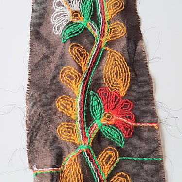 Brown Silk Fabric Trim With Yellow, Red, Green And White Floral Embroidery